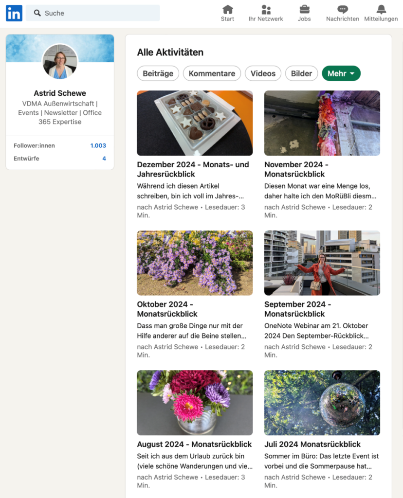 Screenshot von meinen LinkedIn-Monatsrückblicken
