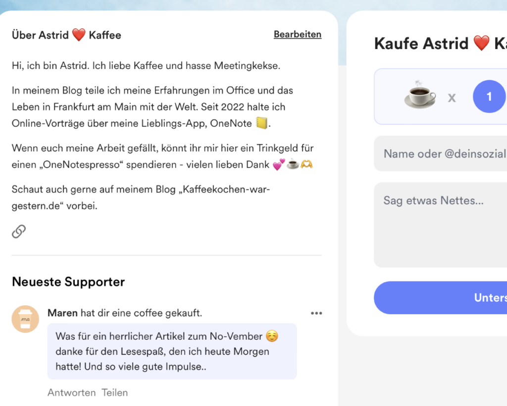 Screenshot der virtuellen Kaffeekasse mit dem Starttext und der Info "Maren hat dir einen Coffee gekauft" Darunter eine nette Bewertung.