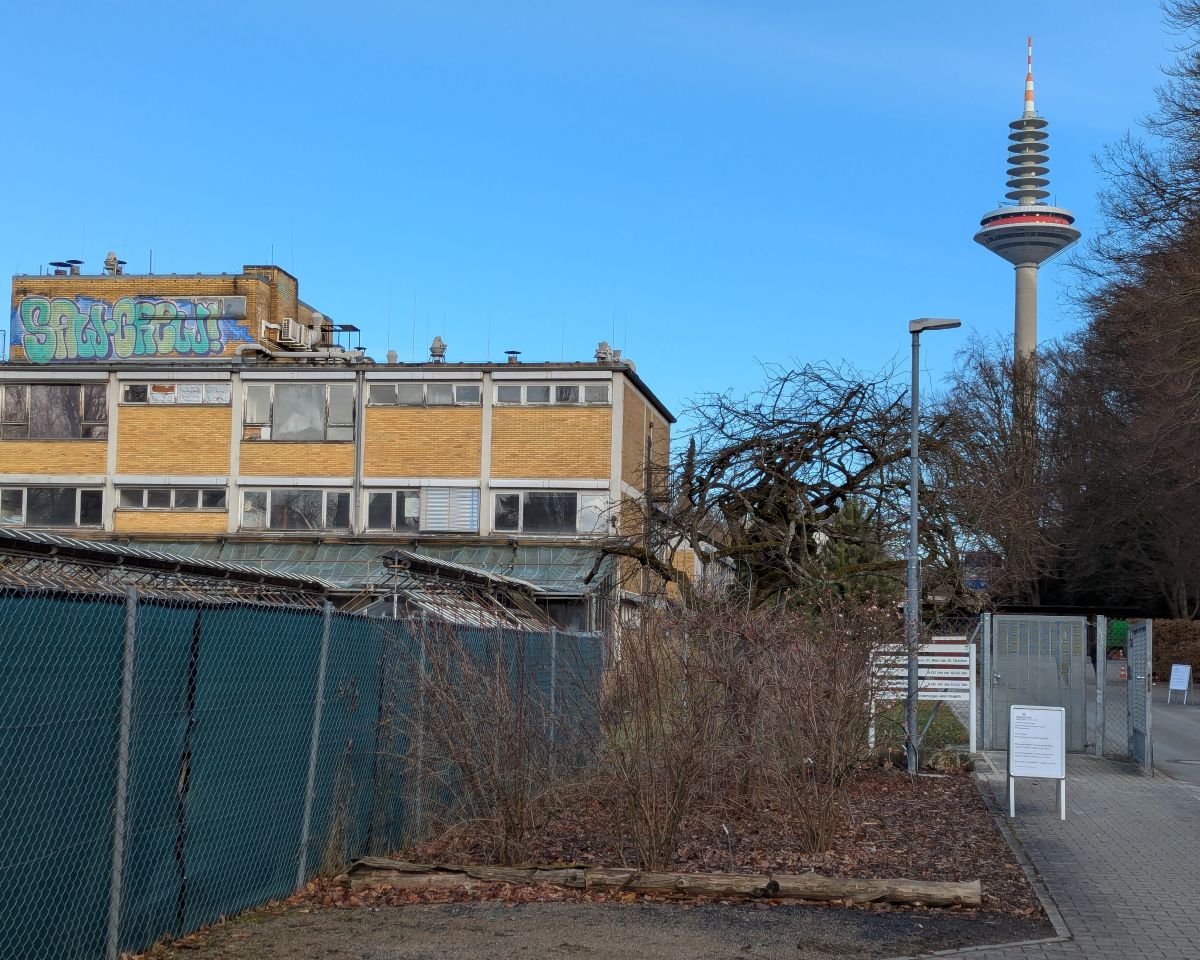 Wir sehen das Eingangstor zum Botanischen Garten, das alte Gärtnereigebäude mit einem großen Grafitti und im Hintergrund den Ginnheimer Spargel.