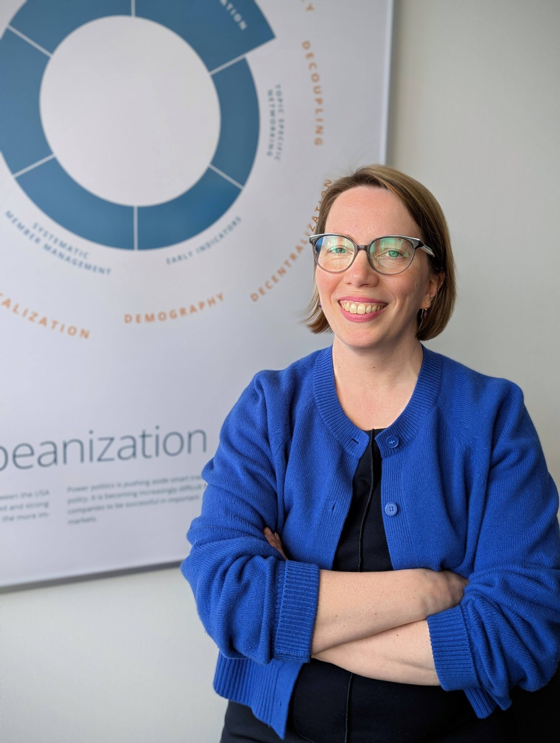 Astrid Schewe trägt eine knallblaue Strickjacke und lächelt breit in die Kamera. Im Hintergrund sieht man ein Infoposter zum Thema Europeanization.