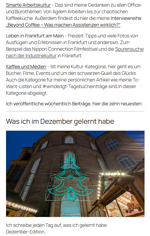 Schreenshot meiner Blog-Startseite Stand Dezember 2025: Beschreibung der Kategorien und der Artikel "Was ich im Dezember gelernt habe"
